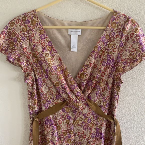 LIZ CLAIBORNE Floral Silk V-Neck Dress Size 12 Flutter Sleeve Fully lined - Picture 2 of 10
